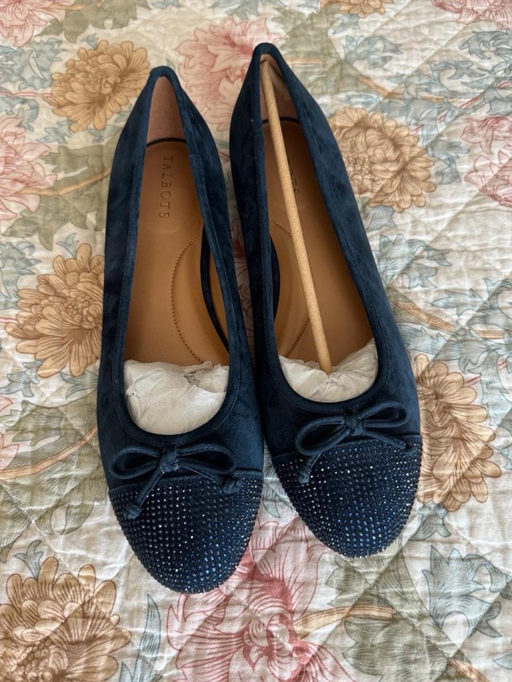 Talbots Navy Suede Ballet Flats with Crystal Toe and Bow